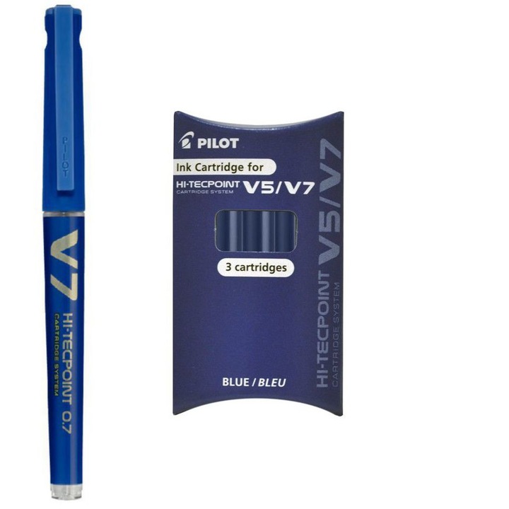 Set roller reincarcabil Pilot V7 Hi-Tecpoint 0.7 mm + 3 rezerve, albastru