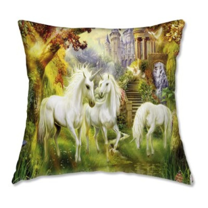 Perna decorativa 3DG-Textile, Doua fete, Imprimeu digital, Model unicorni, 40x40 cm, Multicolor