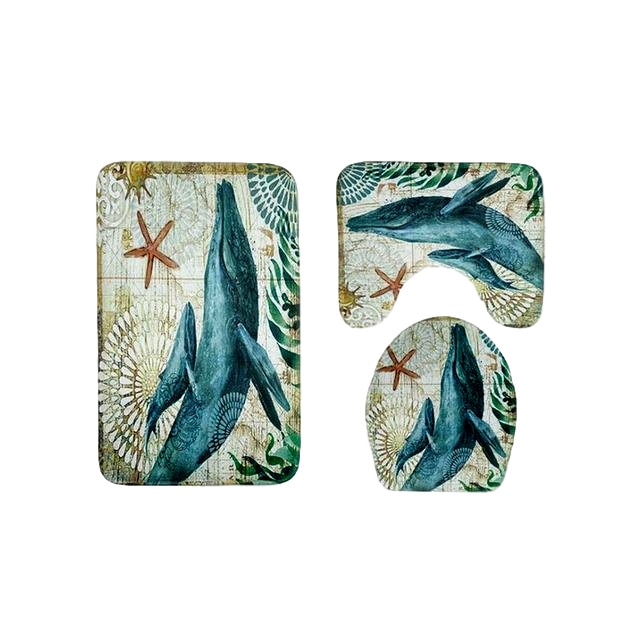 Set 3 Bucati Covorase Baie FizioTab, Antiderapante, Model Balena, Maro/Albastru