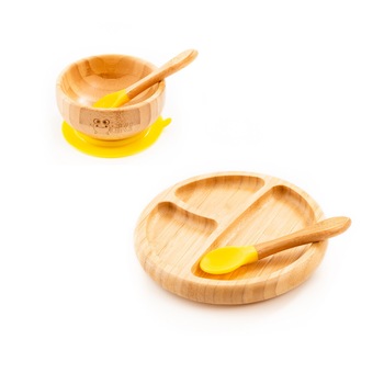 Pachet castronas, farfurie si 2 lingurite Oaki, Galben Pachet castronas, farfurie si 2 lingurite Oaki, Galben