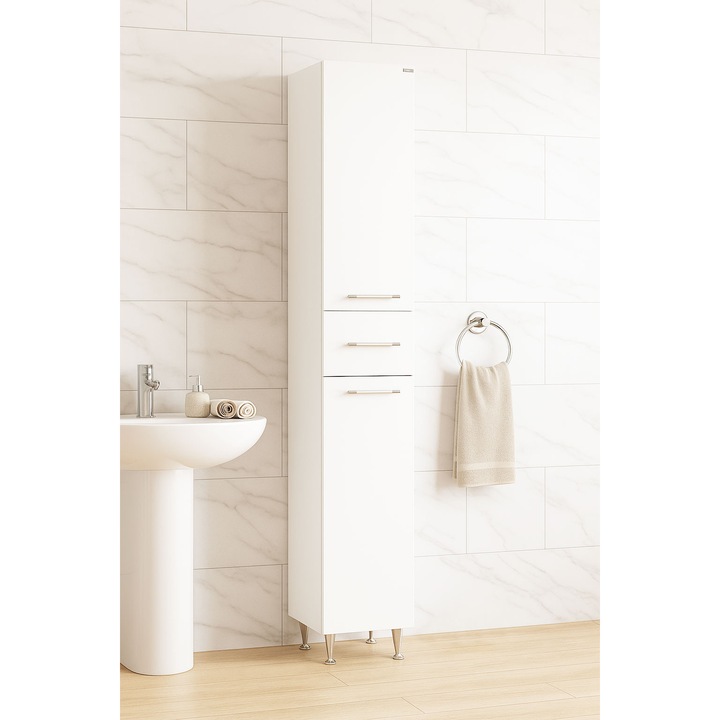 Coloana (dulap) pentru baie Badenmob 010, front MDF vopsit, laterale pal, alb ultralucios, 1800x300x316 mm