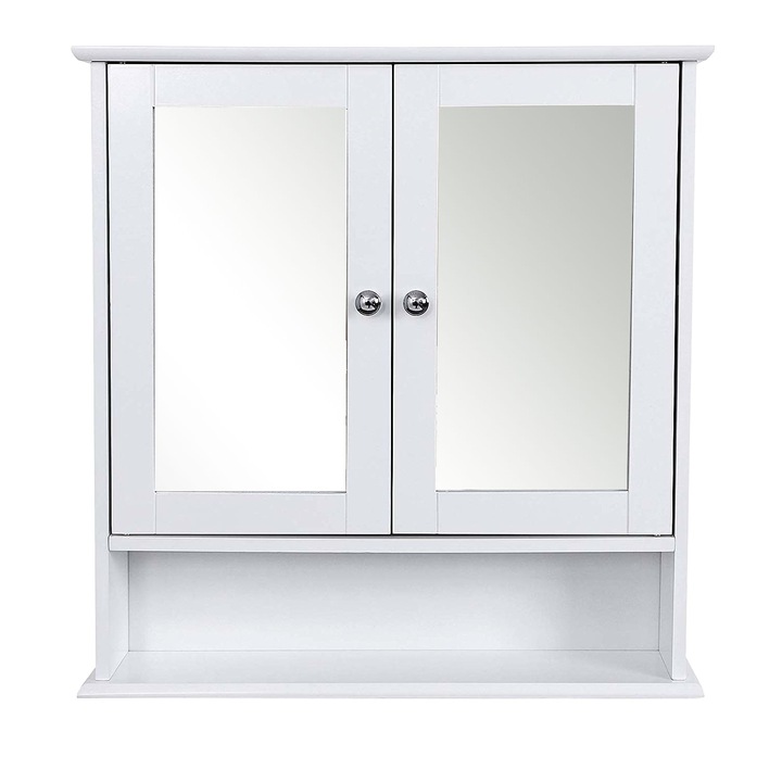 Dulap pentru baie cu usa dubla oglinda, VASAGLE, dulap de perete, dulap de depozitare, unitate de depozitare fixata pe perete, rafturi reglabile pe inaltime, 56 x 13 x 58 cm, Alb LHC002