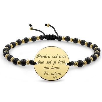 Bratara mix onix si bilute personalizata Graveaza Povestea Ta, Argint 925 placat cu Aur 24K, Banut 22 mm Bratara mix onix si bilute personalizata Graveaza Povestea Ta, Argint 925 placat cu Aur 24K, Banut 22 mm