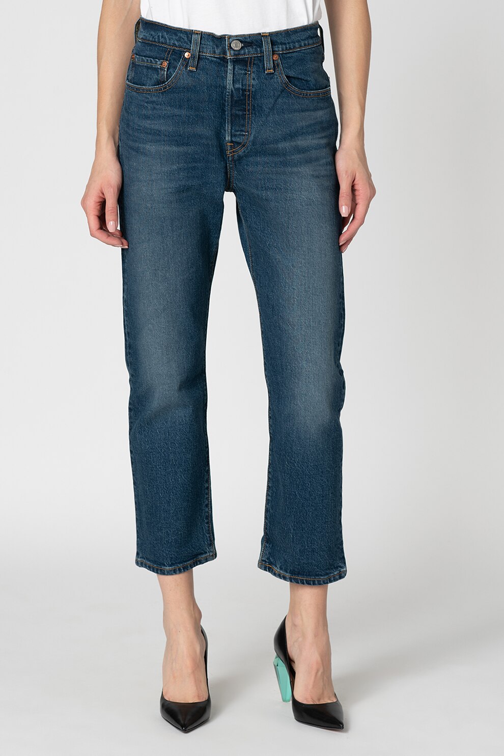 Levi's, Blugi crop cu talie inalta 501®, Albastru inchis, W28-L28