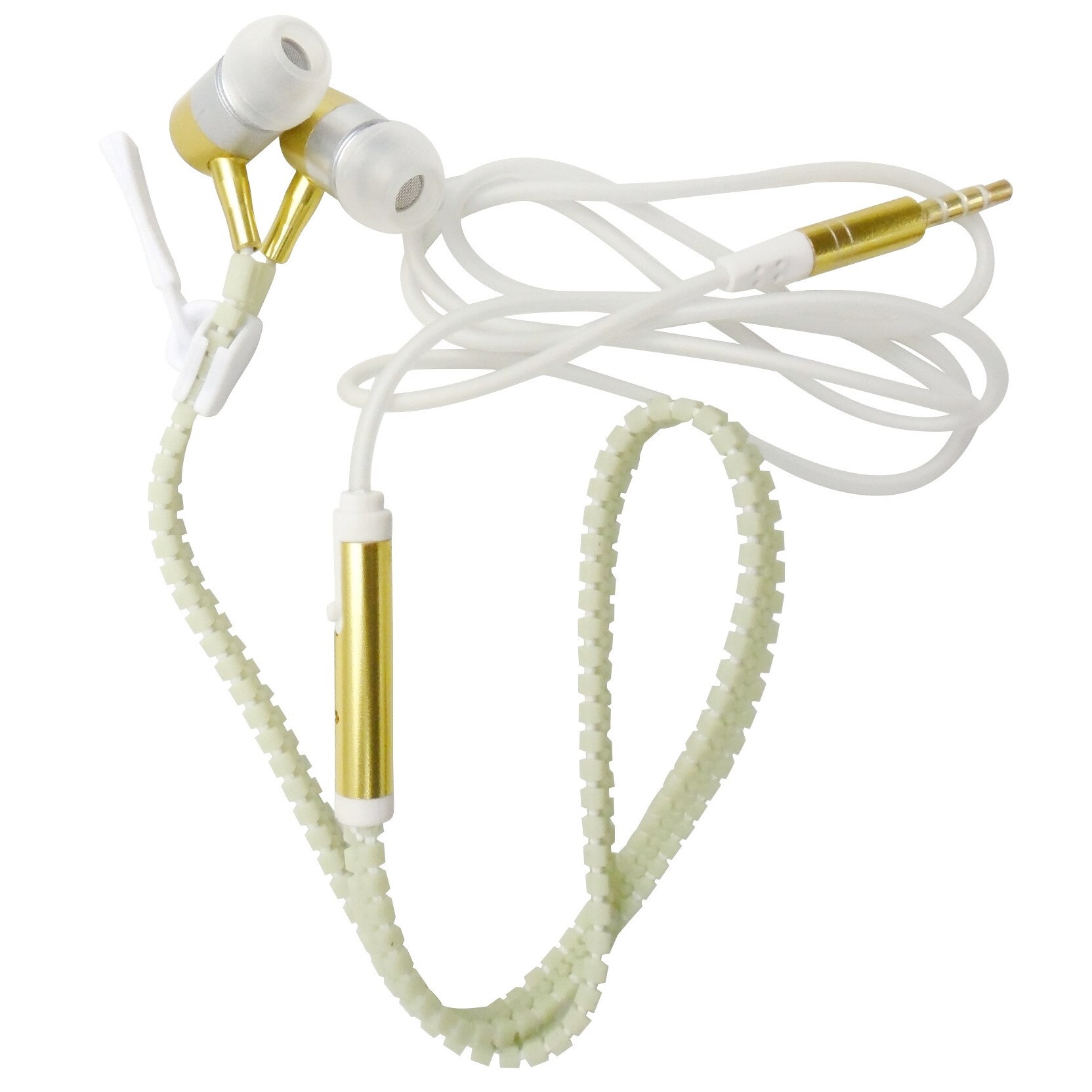 Casti cu fir si microfon Wazney verde fluorescent, metal auriu, zipper, jack 3,5mm, microfon