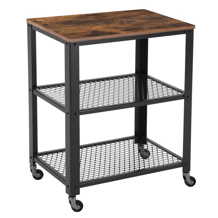 VASAGLE Carucior de servire pe roti, cu polite, pentru bucatarie, 40x60x77cm, industrial, maro rustic