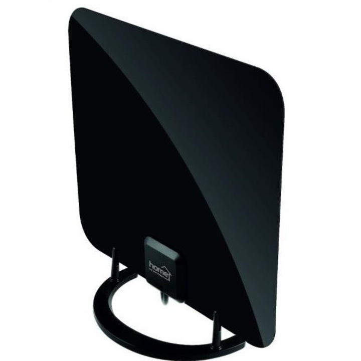 Антена за домашна камера с усилвател, 52dB, DVB-T/T2, 12 v захранване, включена опора за маса, модерен дизайн, черен
