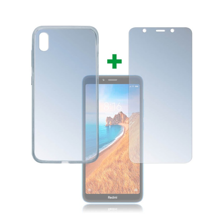 4smarts 360° Protection Set - тънък силиконов кейс и стъклено защитно покритие за дисплея на Xiaomi Redmi 7A (прозрачен)