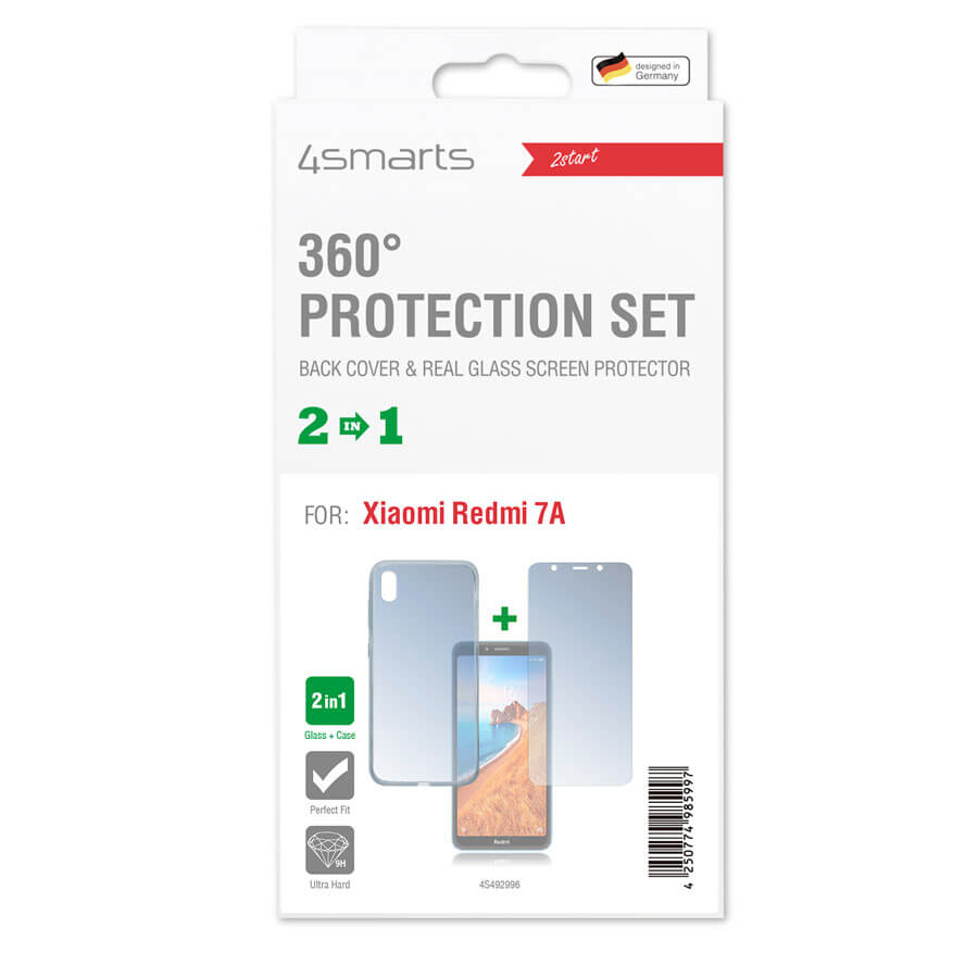 Carcasa din silicon subtire si capac de protectie din sticla pentru afisarea Xiaomi Redmi 7A, 4smarts 360° Protection Set, transparent