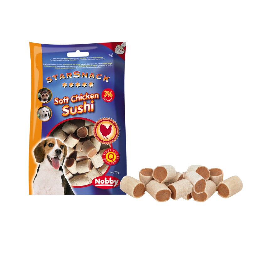 Recompense pentru caini Nobby, StarSnack Soft Chicken Sushi, Peste si pui, 70g