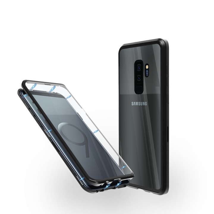 Магнитен 360° калъф за Samsung за Galaxy S9 Plus от две части със стъкло отпред и отзад, Алуминиев, Черен