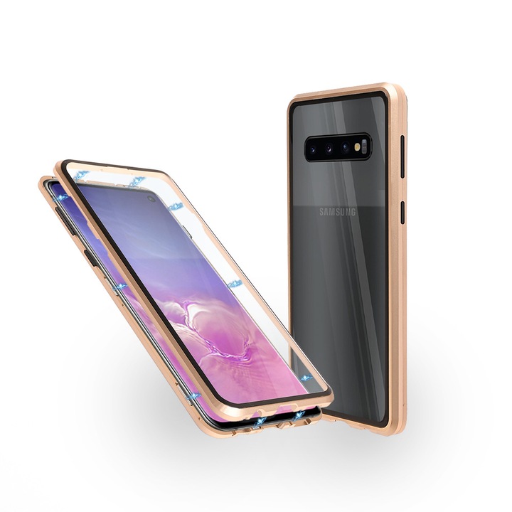 Alumínium 360°-os tok Samsung Galaxy S10 telefonhoz Kétrészes üveg elől és hátul, mágneses, arany