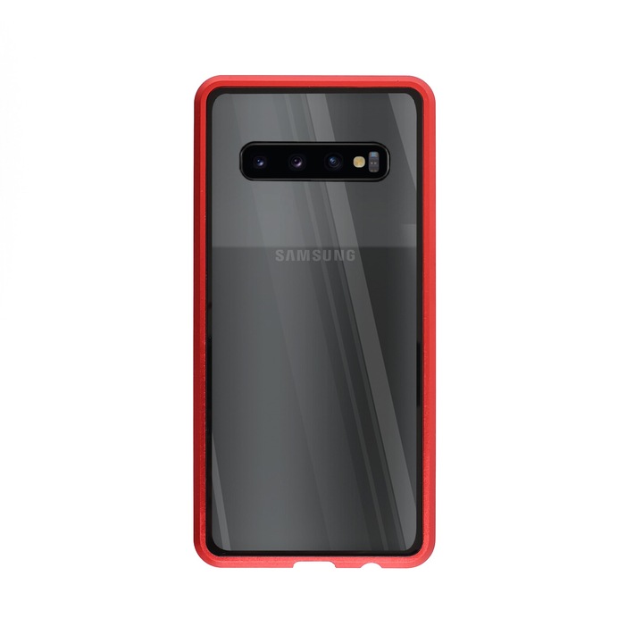 Mágneses tok Samsung Galaxy S10 telefonhoz, üveg hátlap, piros