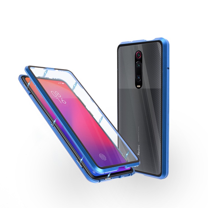 Магнитен 360° калъф за Xiaomi Redmi K20 Pro от две части със стъкло отпред и отзад, Алуминиев, Син