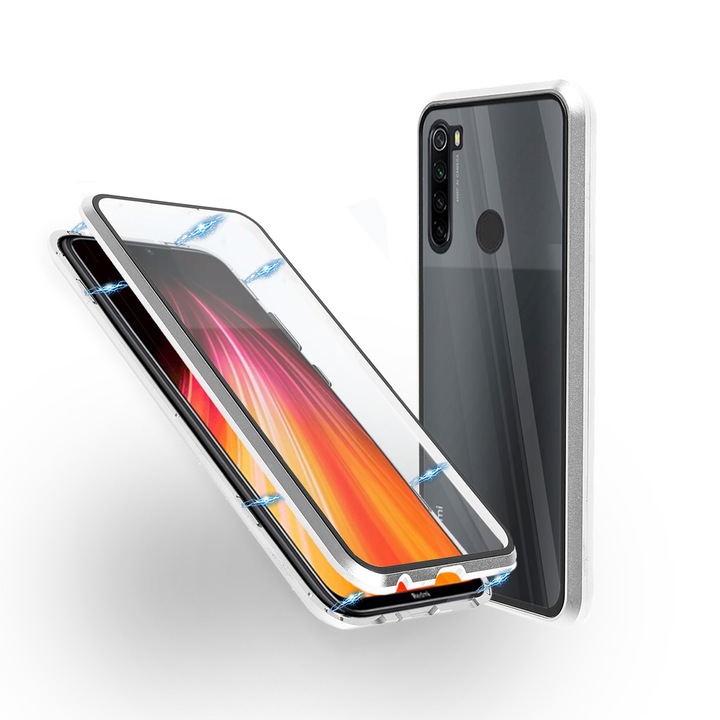 Алуминиев 360-градусов кейс Fashion Case за Xiaomi Redmi Note 8, Магнитен, 2 Стъкла, Сребрист