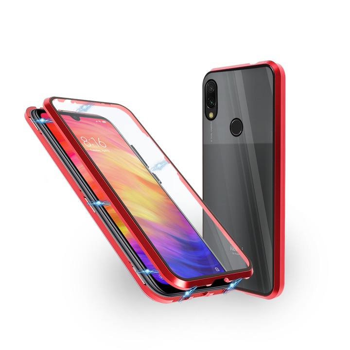 Алуминиев 360-градусов кейс Fashion Case за Xiaomi Redmi Note 7, Магнитен, 2 Стъкла, Червен