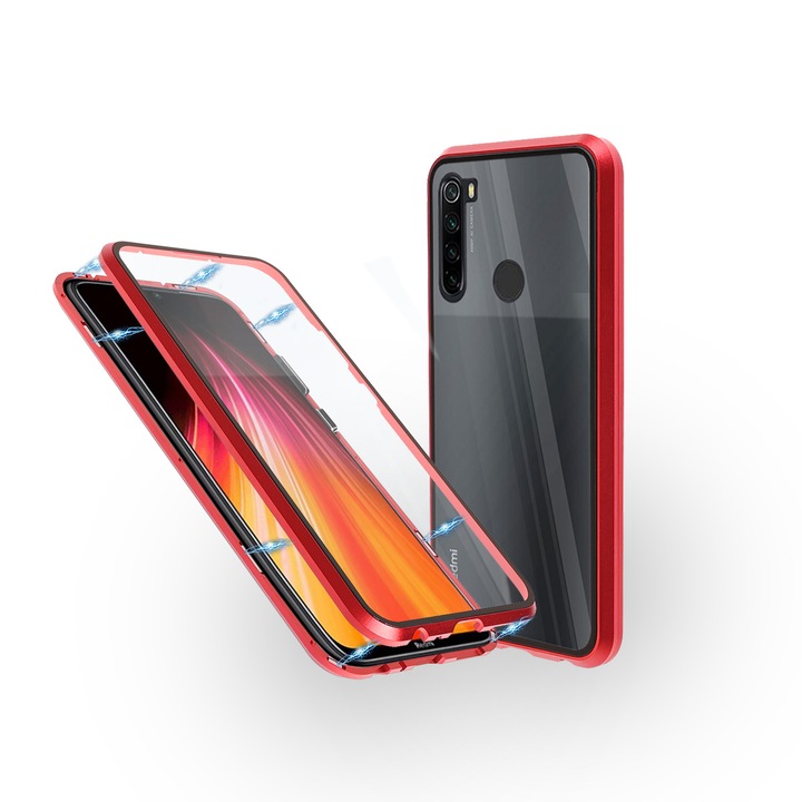 Алуминиев 360-градусов кейс Fashion Case за Xiaomi Redmi Note 8, Магнитен, 2 Стъкла, Червен