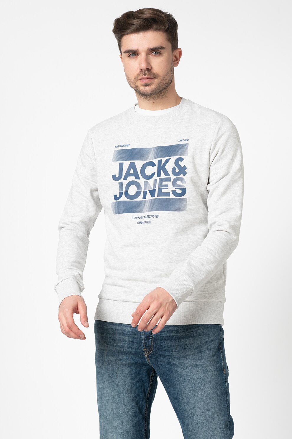 Jack&Jones, Bluza sport cu imprimeu logo Eddie, Gri deschis melange, XL