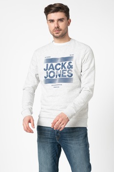 Jack&Jones, Bluza sport cu imprimeu logo Eddie, Gri deschis melange, XL Jack&Jones, Bluza sport cu imprimeu logo Eddie, Gri deschis melange, XL