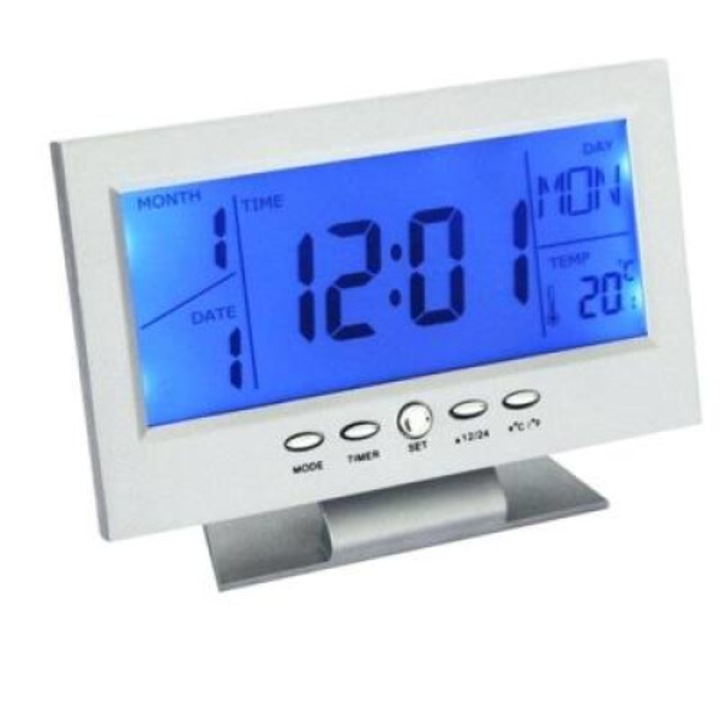 Digitális óra LCD kijelzővel és hangvezérléssel, hőmérő funkcióval, DS-8082, fehér