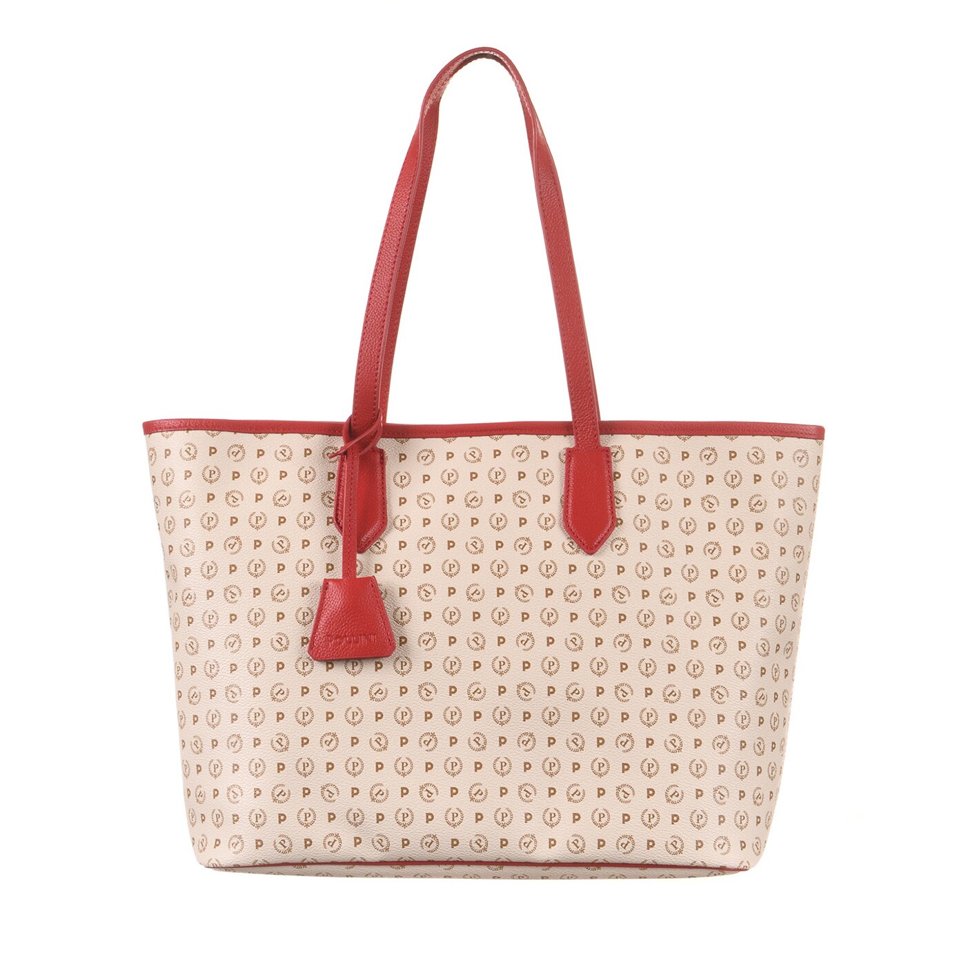 Geanta din piele Pollini, Heritage, Bej/Rosu, 29 x 46 x 14 cm