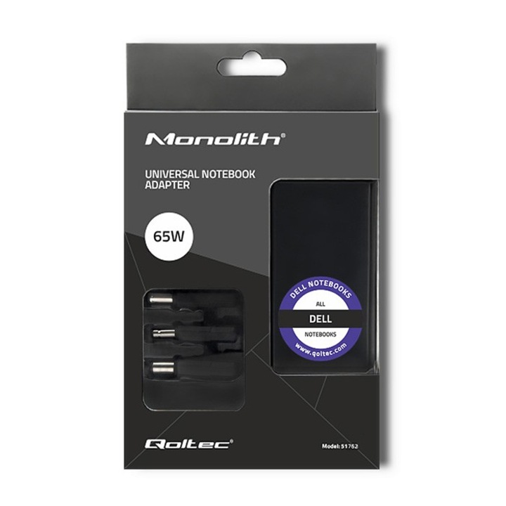 Adaptor de Retea Universal Qoltec 51762, 65W, cu 3 Mufe Interschimbabile pentru Laptopuri Dell, Cablu 1.7m, Protectie Multipla (Supratensiune, Suprasarcina, Scurtcircuit, Termica), Eficienta Energetica Nivel VI, Negru