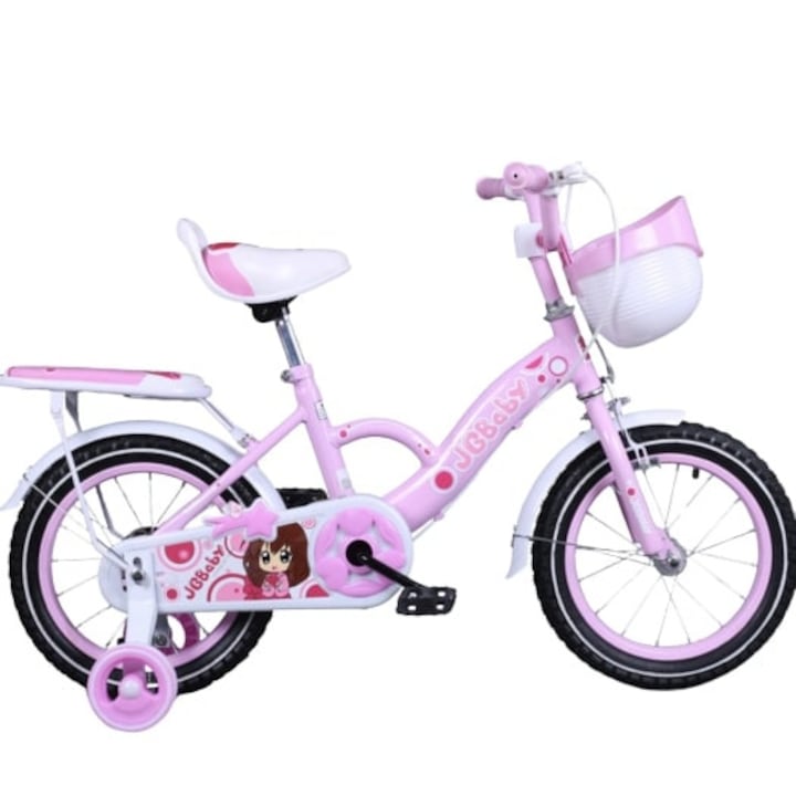 Bicicleta 12 inch JGBABY roz deschis pentru copii cu varsta intre 2 - 5 ani,roti ajutatoare ,aparatoare si cosulet pentru jucarii, portbagaj