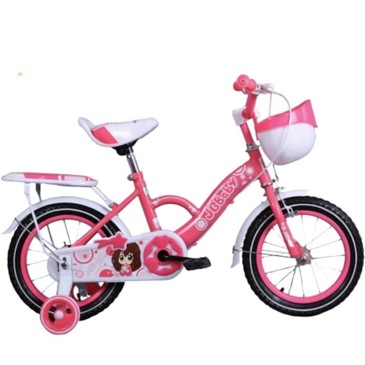 Картинг велосипед 12 цола розово фуксия модел JG BABY за момичета от 2-5 години, помощни колела, калници и кош за играчки, багажник, звънец