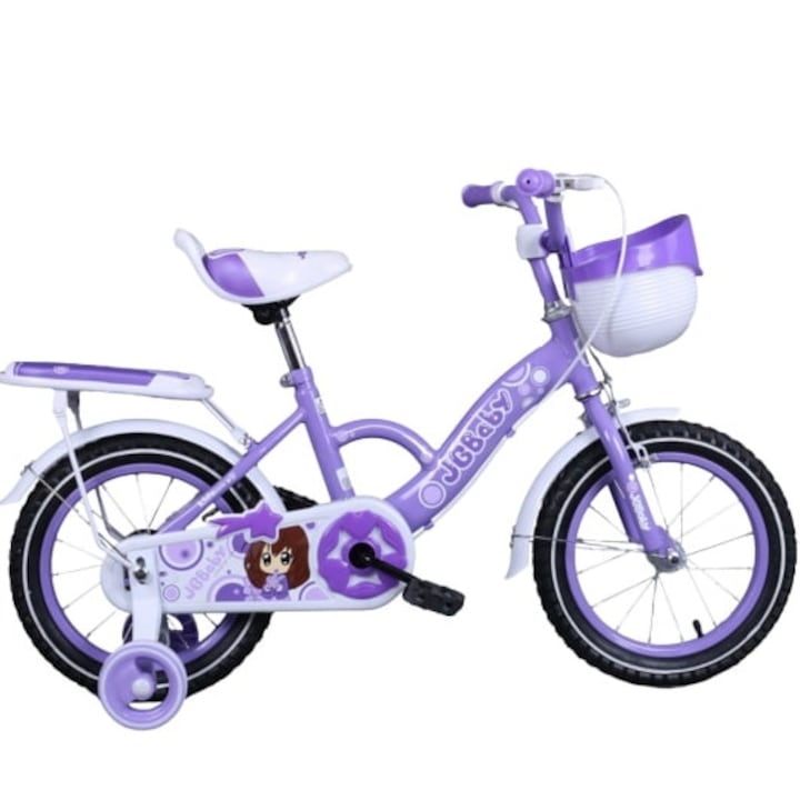 Go Kart JG BABY lányka kerékpár, 12", lila színű, 2-5 éves korúaknak, pótkerekek, sárvédők és kosár, csomagtartó