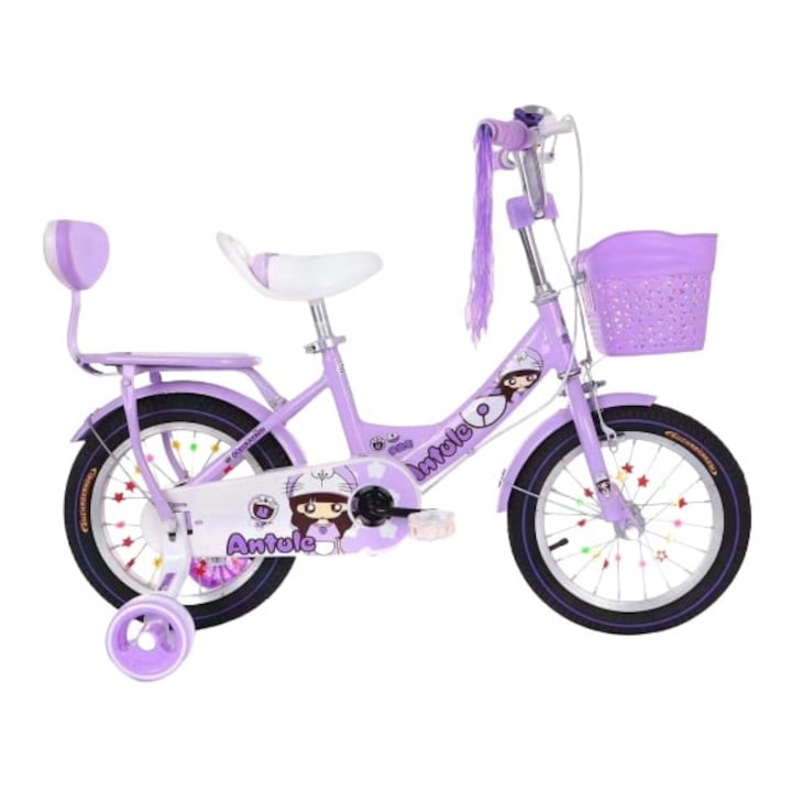 Велосипед лилав 16 цола за деца от 4-7 години, помощни колела, калници и кош за играчки, багажник с облегалка
