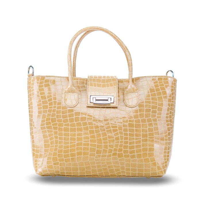 Poseta Diana, din piele naturala, Bej/Maro camel, 31x26x13 cm/31 X 26 X 13 cm