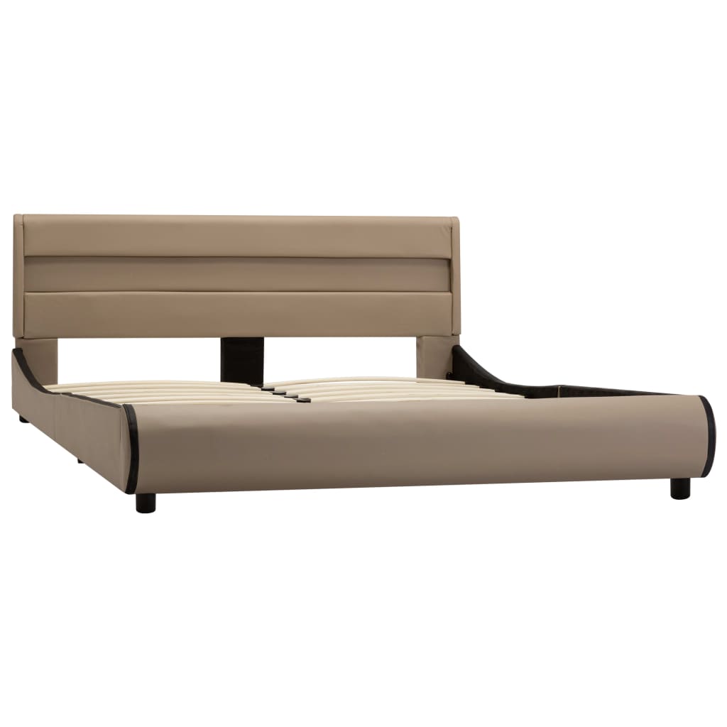 Cadru de pat dublu cu Led tapitat, vidaXL- Piele artificiala/Lemn, 140 x 200 cm, Maro deschis