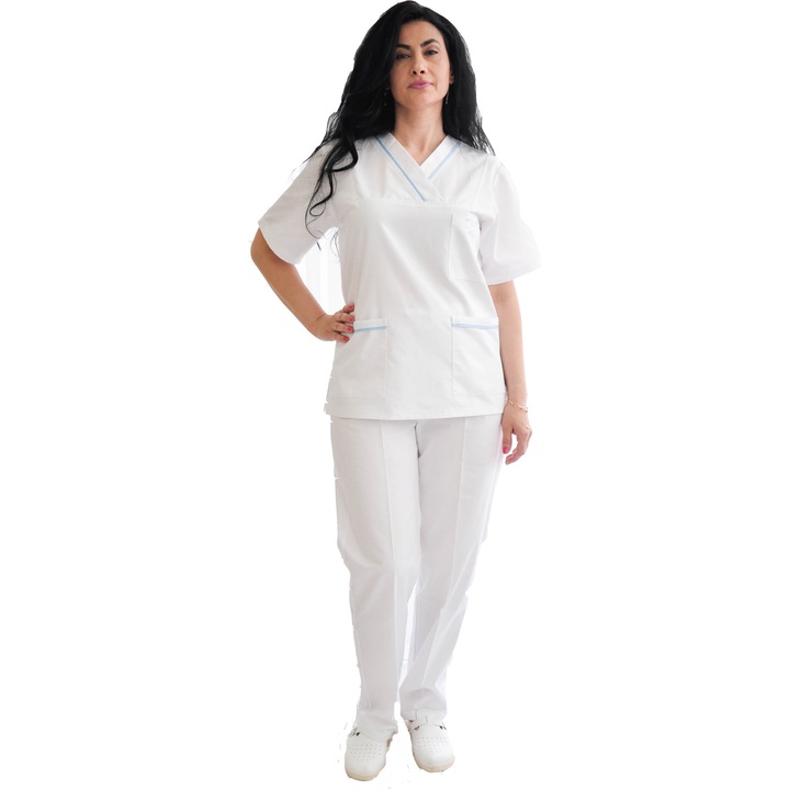 Costum medical, ROMANS CONF, alb/garnitura bleu, marimea 52