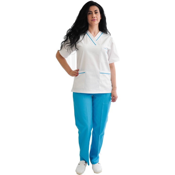 Costum medical, ROMANS CONF, alb/turquoise, marimea 52