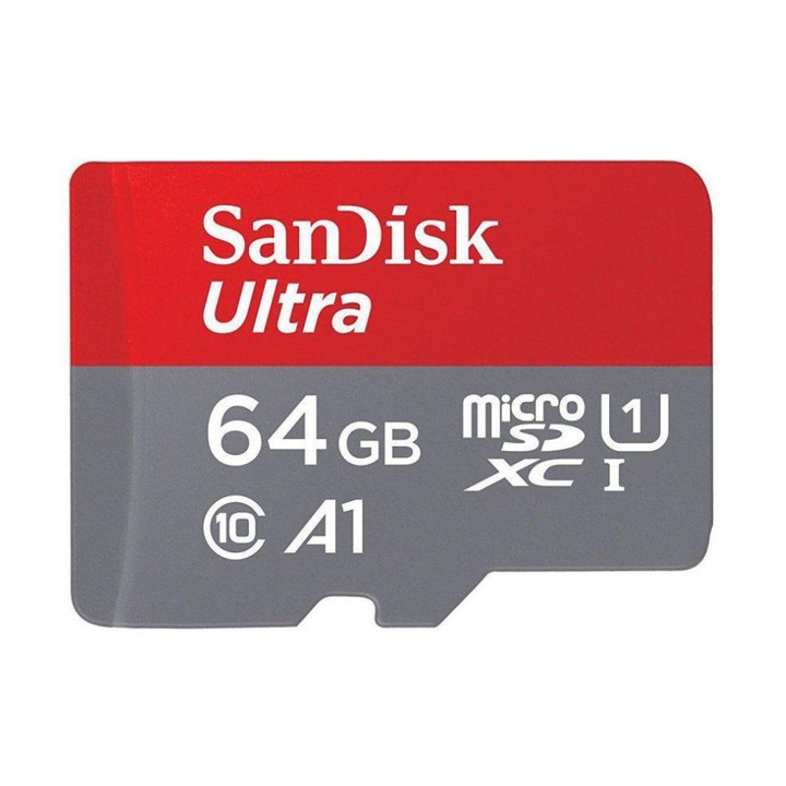 Card de memorie SanDisk ULTRA 64 GB, A1 Class10 UHS-1, 100 MB/S Micro TF/SD Card, QUNC A1, Red/Grey