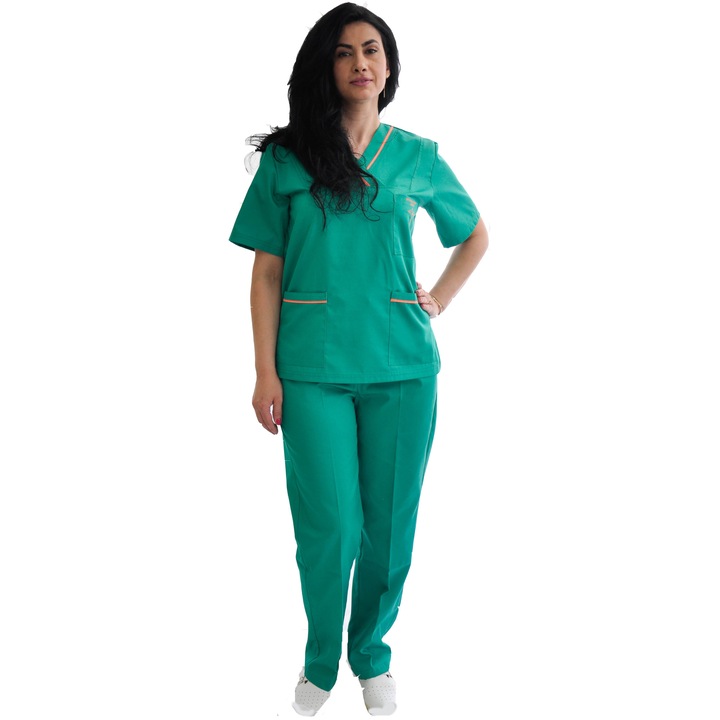 Costum medical, ROMANS CONF, verde/garnitura portocaliu, marimea 52