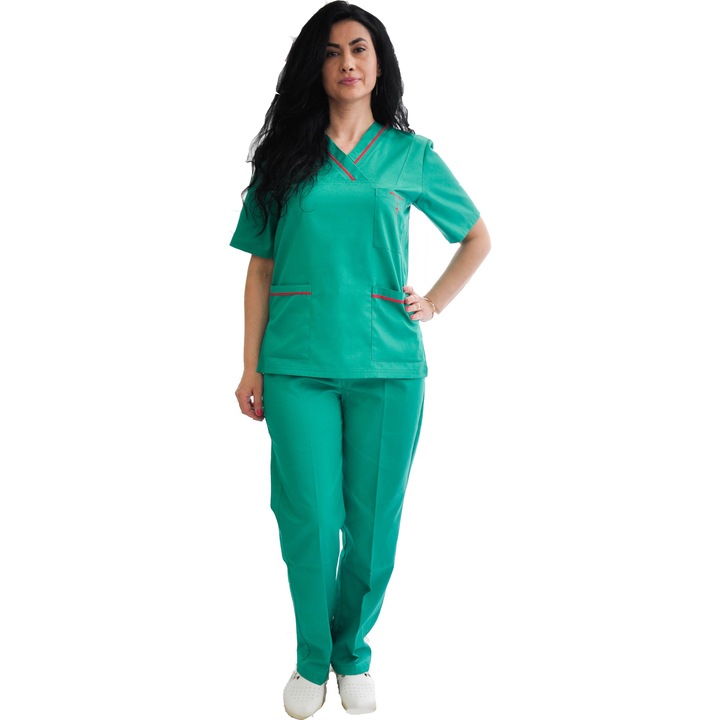 Costum medical, ROMANS CONF, verde/garnitura rosu, marimea 38