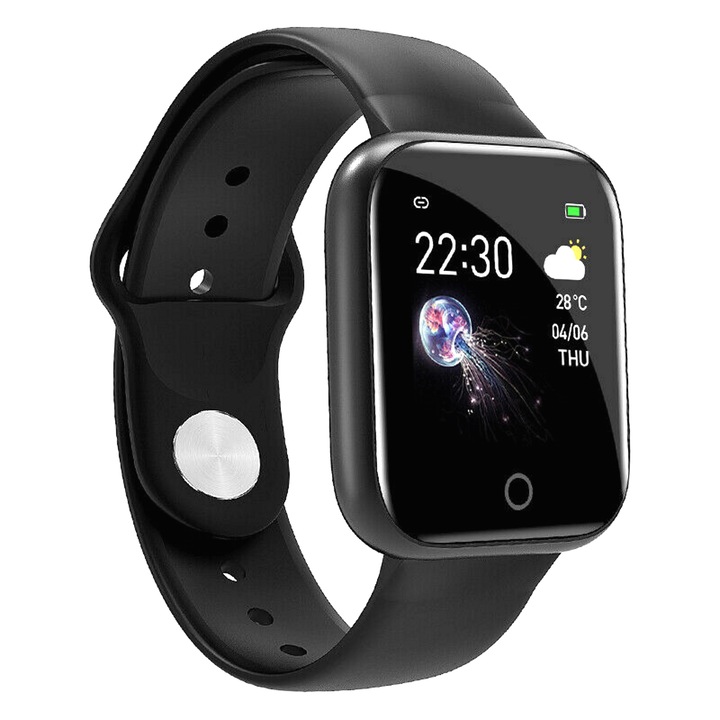 Ceas SmartWatch si Bratara Fitness, SmartVIBE I5, Full Metallic, NOTIFICARI Apeluri/Mesaje/Facebook, 1.3" Full Touch Display, Monitorizare Ritm Cardiac si Tensiune arteriala, Waterproof, Pedometru, Photo Control, Silicon Black