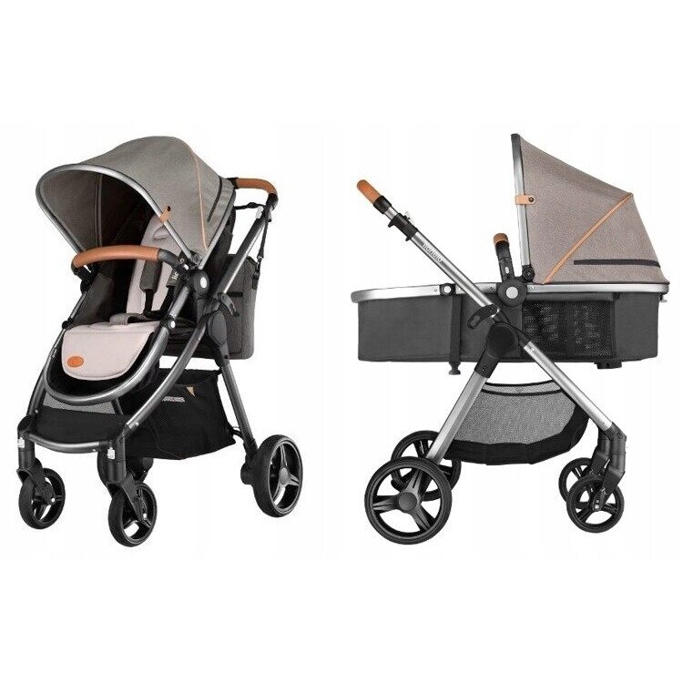 Carucior 2 in 1, Lionelo, Greet Latte, Cu accesorii, Cu sezut reversibil, Transformabil, Gri