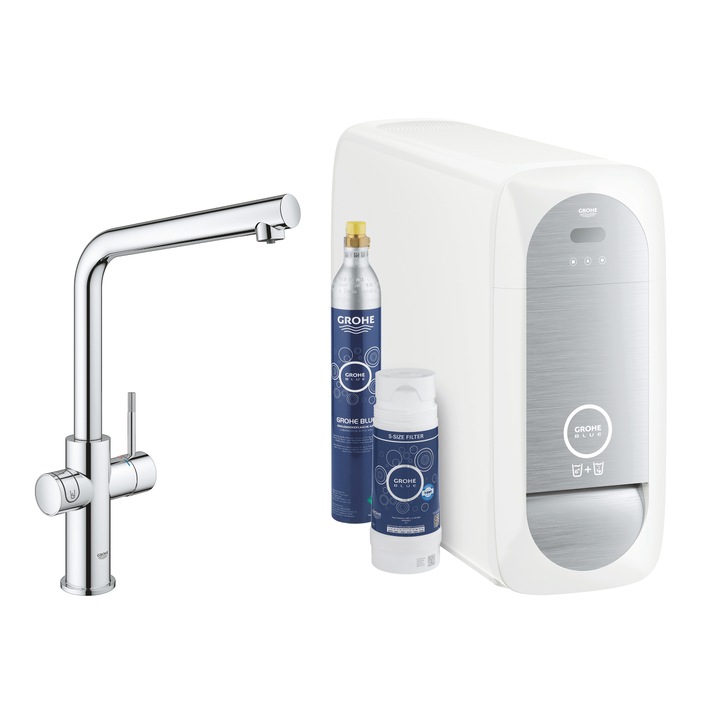 Смесител Grohe, Blue Home, С L- чучур, разделено преминаване на филтрираната и нефилтрираната вода, Grohe Blue Home охладител, Grohe Blue филтър, Grohe Blue 425 g CO2 бутилка, възможност за настройване на софтуера и следене на капацитета на СО2 филтъра
