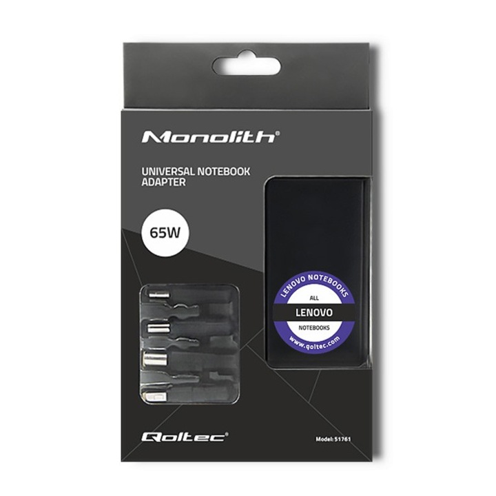Hálózati adapter, Qoltec, Lenovo-hoz, 65W, 4 csatlakozó, tápkábel