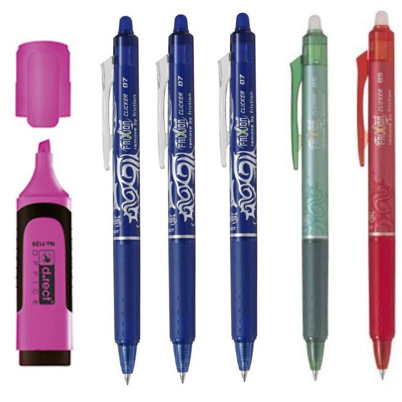 Set Clicker Pilot Frixion 0.7mm albastru 3 bucati + Clicker Pilot Frixion 0.5mm rosu + Clicker Pilot Frixion 0.5mm verde + Textmarker D.rect