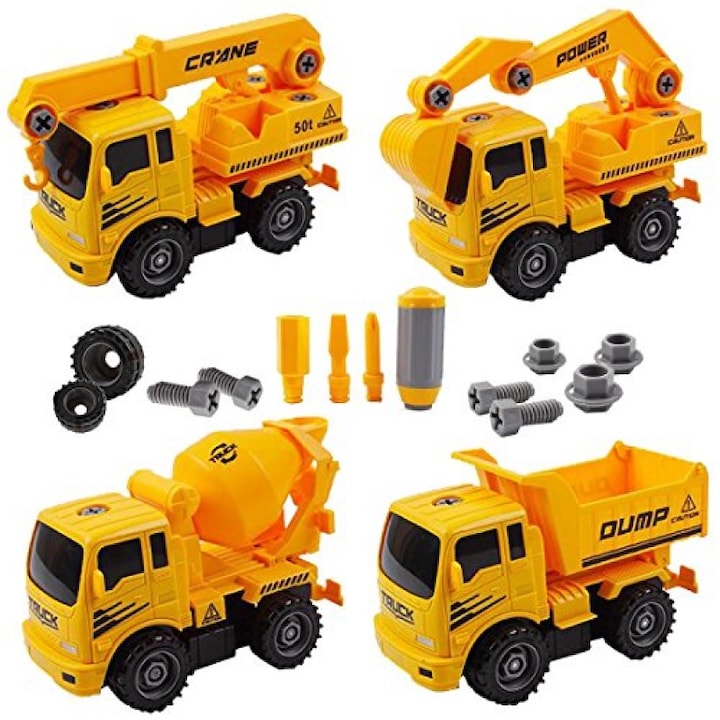 4 részes építőipari játékkészlet, teherautó, daru, betonkeverő, kotró, műanyag, + 3 éves kortól, sárga / fekete