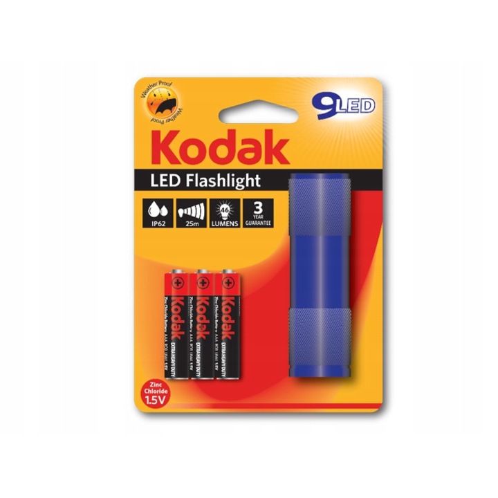 Zseblámpa 9 LED, 46 lumen, hatótáv 25 m, IP62, Kodak, kék