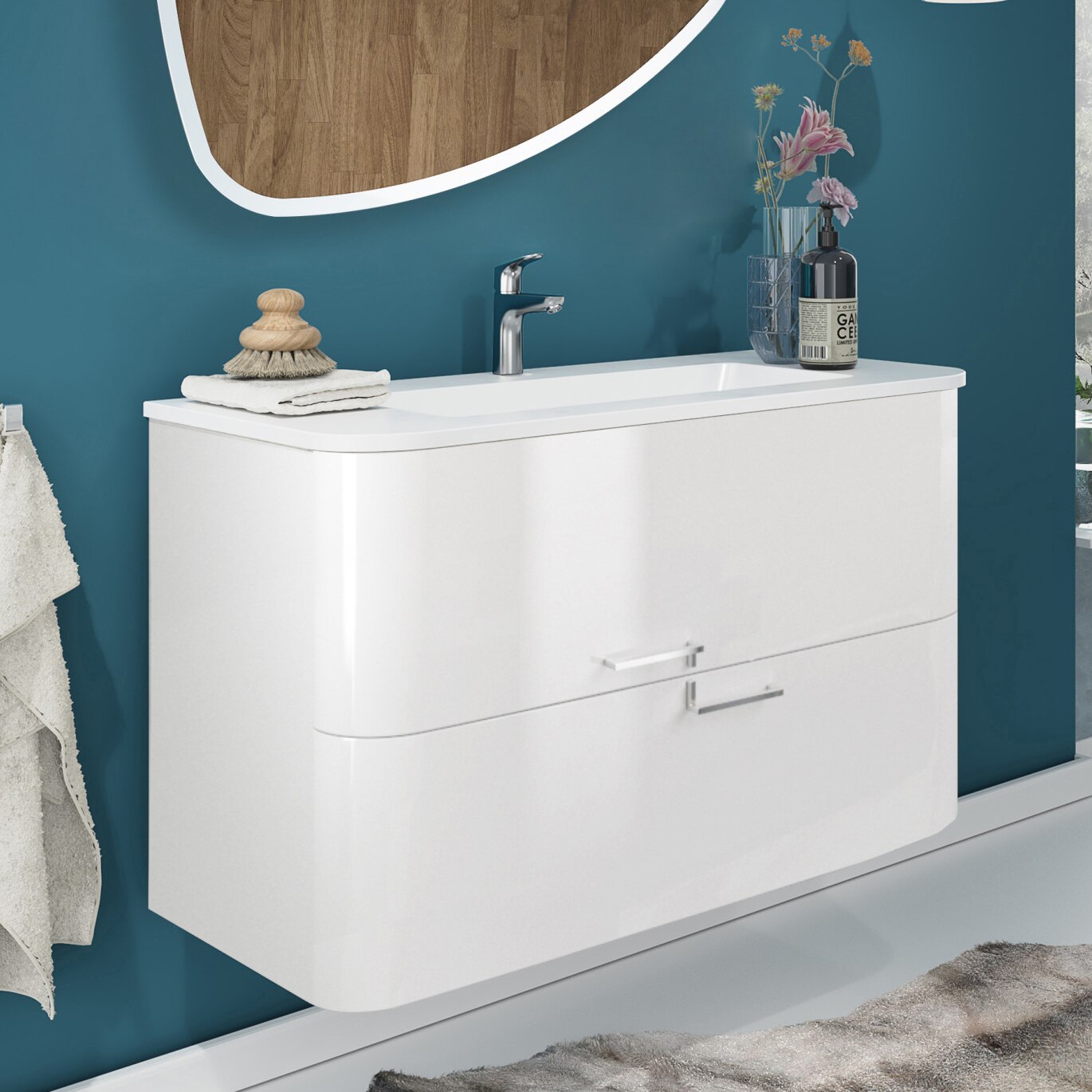 Baza mobilier Kring Idris, cu doua sertare, cu manere metalice si inchidere amortizata, infoliat alb lucios, 100x56x46 cm