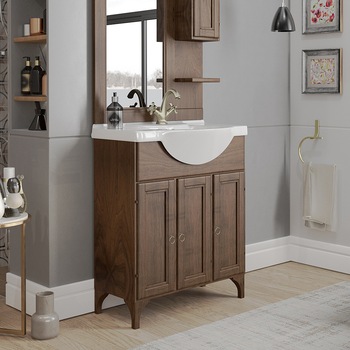 Baza mobilier Kring cu 3 usi, cu picioare, decor nuc, 71x83x33 cm Baza mobilier Kring cu 3 usi, cu picioare, decor nuc, 71x83x33 cm