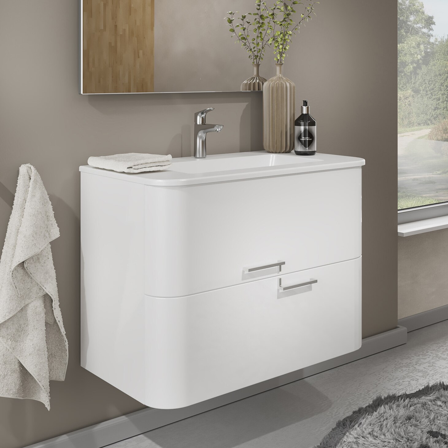 Baza mobilier Kring Idris, cu doua sertare, cu manere metalice si inchidere amortizata, infoliat alb lucios, 80x56x46 cm