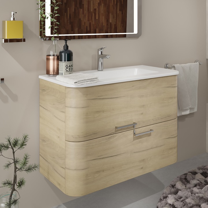 Baza mobilier Kring Idris, cu doua sertare, cu manere metalice si inchidere amortizata, infoliat stejar auriu, 80x56x46 cm