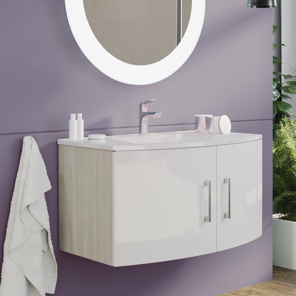 Baza mobilier suspendat Kring Valentina cu 2 usi cu inchidere amortizata, manere cromate, culoare alb lucios + stejar gri, 81x41x49 cm