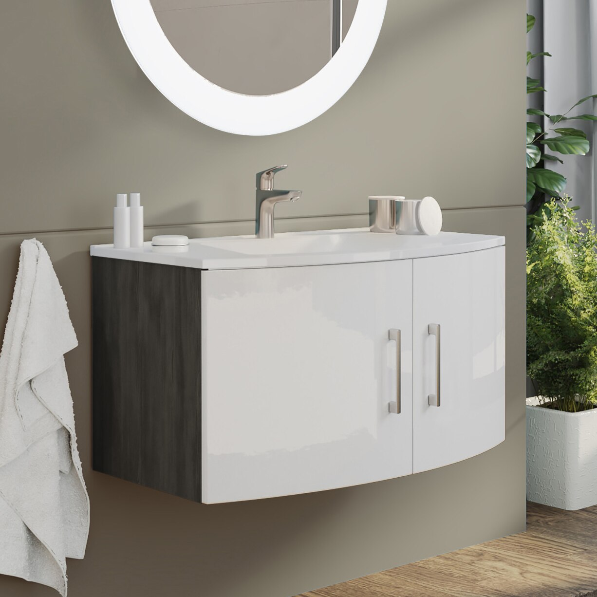 Baza mobilier suspendat Kring Valentina cu 2 usi cu inchidere amortizata, manere cromate, culoare alb lucios + stejar inchis, 81x41x49 cm